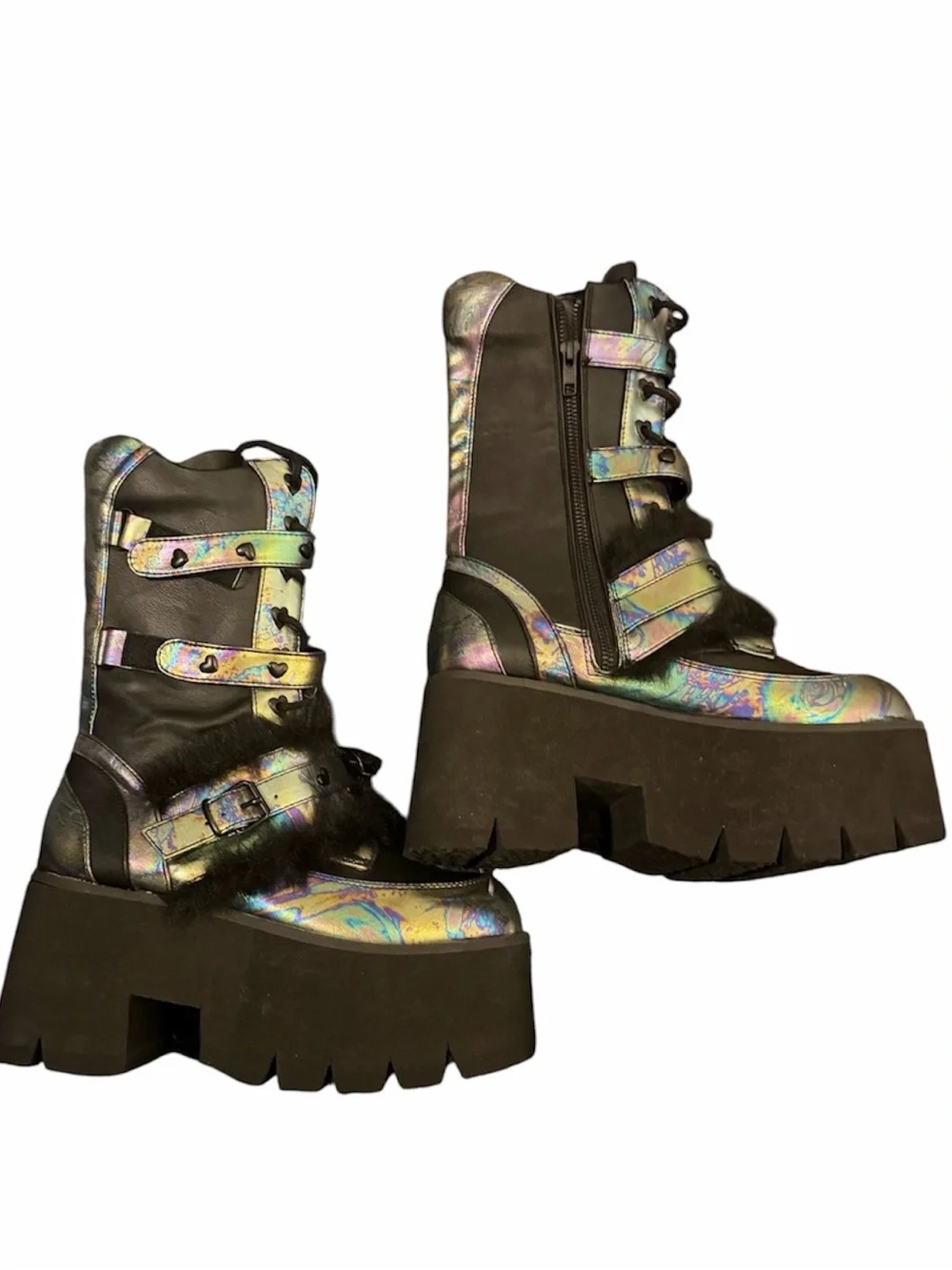 Demonia Iridescent Holographic Platform Combat Boots